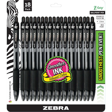 Zebra Z-Grip Retractable Ballpoint Pens - 1 mm Medium Pen Point - Retractable - Black Ink - 18 / Pack