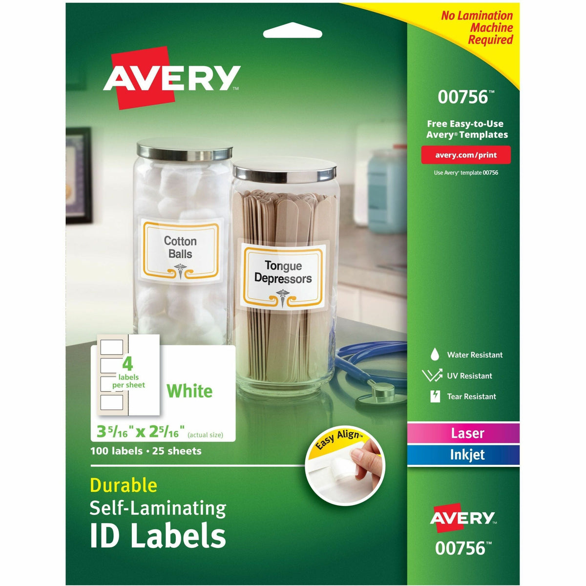 Avery®  Easy Align ID Label - 2 5/16" Width x 3 5/16" Length - Permanent Adhesive - Rectangle - Inkjet, Laser - White - Film - 4 / Sheet - 25 Total Sheets - 100 Total Label(s) - 100 / Pack