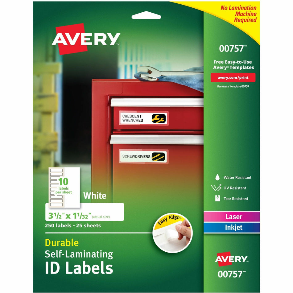 Avery®  Easy Align ID Label - 1 1/32" Width x 3 1/2" Length - Permanent Adhesive - Rectangle - Inkjet, Laser - White - Film - 10 / Sheet - 25 Total Sheets - 250 Total Label(s) - 250 / Pack