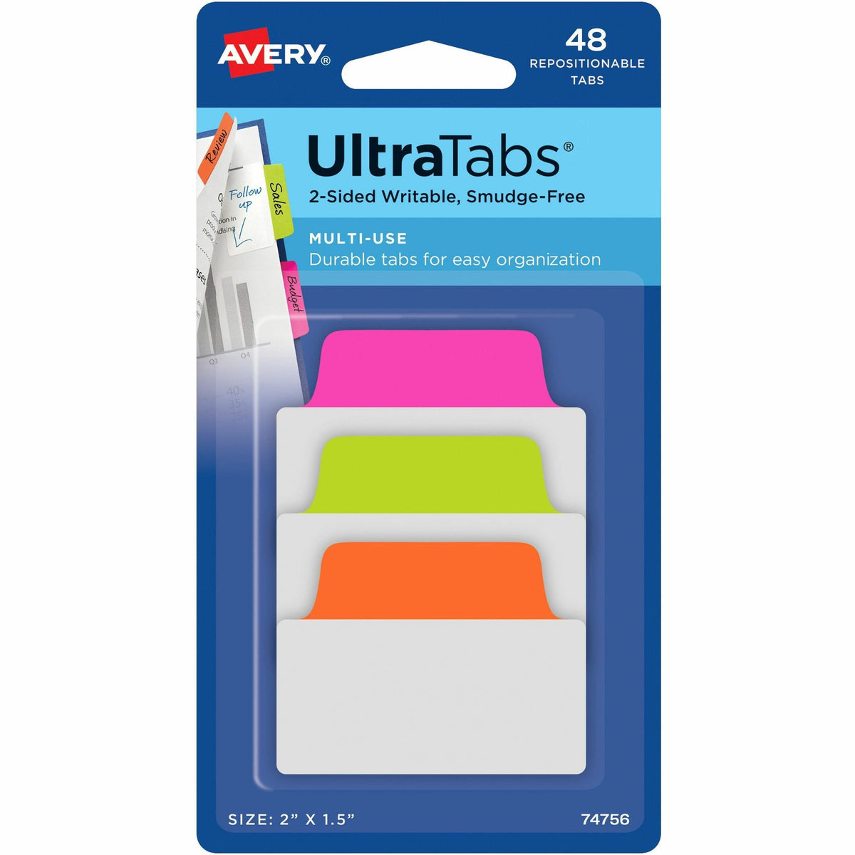 Avery®  2" Multi-use Ultra Tabs - 48 Tab(s) - 1.50" Tab Height x 2" Tab Width - Clear Film, Neon Pink Paper, Neon Green, Neon Orange Tab(s) - 48 / Pack