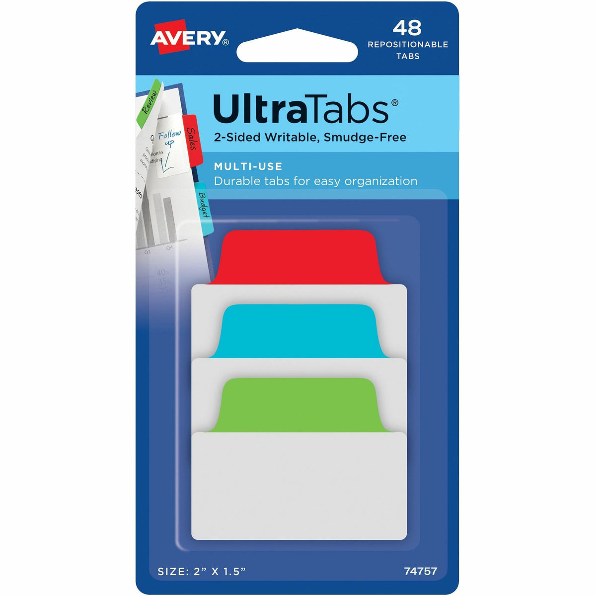 Avery®  2" Multi-use Ultra Tabs - 48 Tab(s) - 1.50" Tab Height x 2" Tab Width - Red Film, Clear Paper, Blue, Green Tab(s) - 48 / Pack