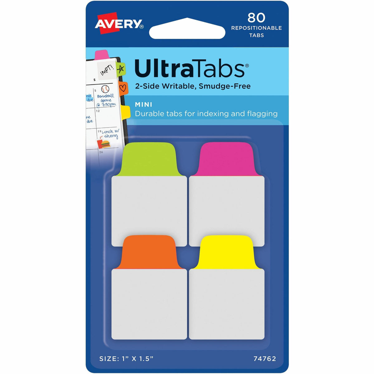 Avery®  Mini Ultra Tabs - 80 Tab(s) - 1.50" Tab Height x 1" Tab Width - Clear Film, Neon Pink Paper, Neon Yellow, Neon Green, Neon Orange Tab(s) - 80 / Pack