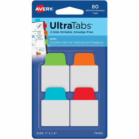 Avery®  Mini Ultra Tabs - 80 Tab(s) - 1.50" Tab Height x 1" Tab Width - Red Film, Clear Paper, Blue, Orange, Green Tab(s) - 80 / Pack