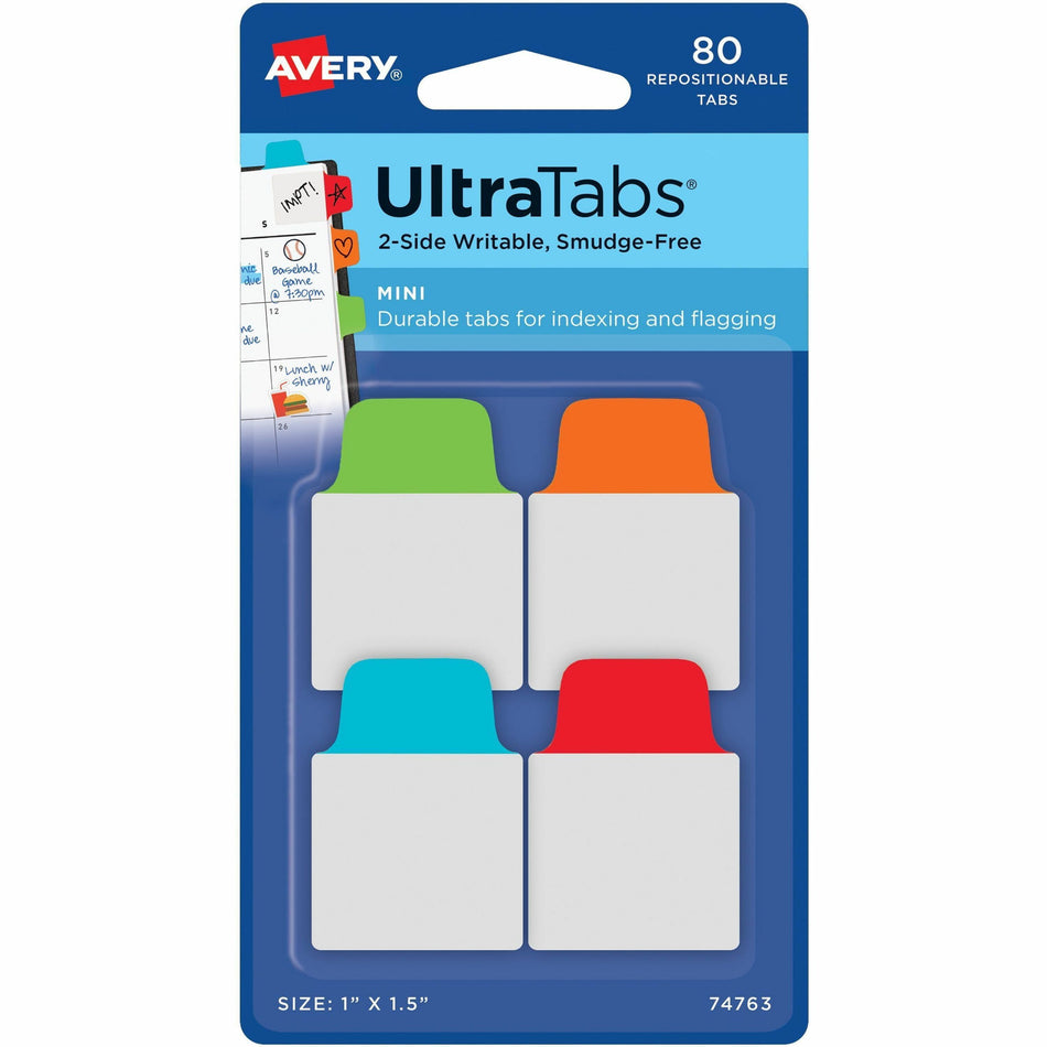 Avery®  Mini Ultra Tabs - 80 Tab(s) - 1.50" Tab Height x 1" Tab Width - Red Film, Clear Paper, Blue, Orange, Green Tab(s) - 80 / Pack