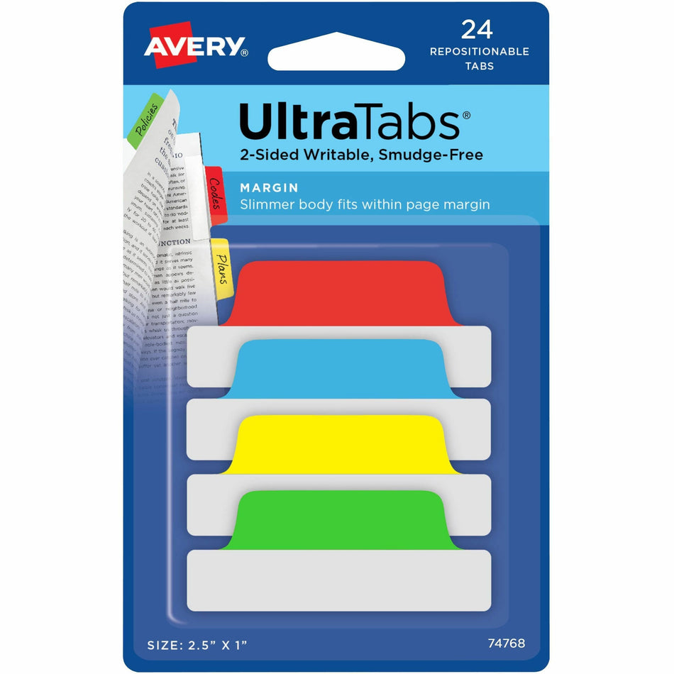 Avery®  2-sided Writable Margin Ultra Tabs - 24 Tab(s) - 1" Tab Height x 2.50" Tab Width - Red Film, Clear Paper, Yellow, Green, Blue Tab(s) - 24 / Pack