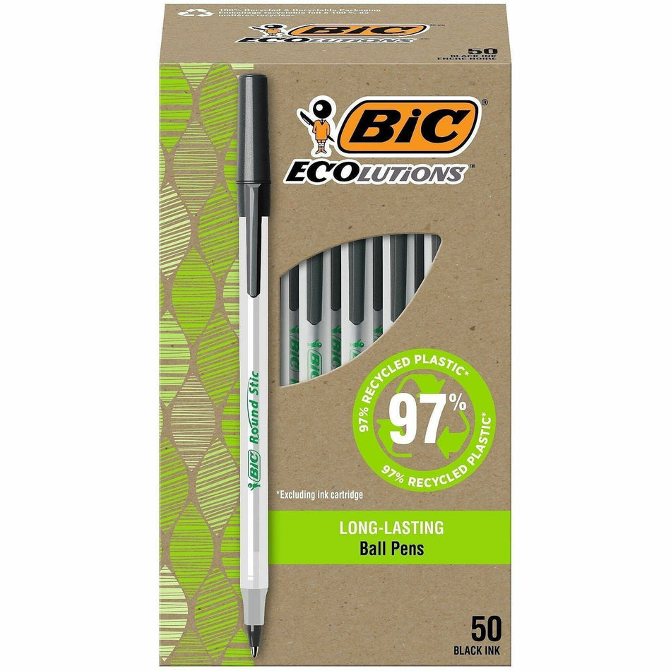 BIC Ecolutions Round Stic Ball Point Pen - 1 mm Medium Pen Point - Refillable - Black Ink - Frost Polypropylene, Translucent Plastic Barrel - 50 / Box