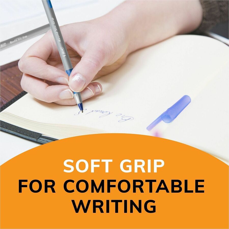 BIC Round Stic Grip Ballpoint Pen - 1.2 mm Medium Pen Point - Blue Ink - Brass Tip - 36 / Box