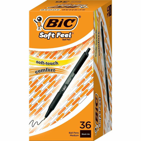 BIC SoftFeel Retractable Ball Pens - 1 mm Medium Pen Point - Retractable - Black Ink - Black Barrel - 36 / Box