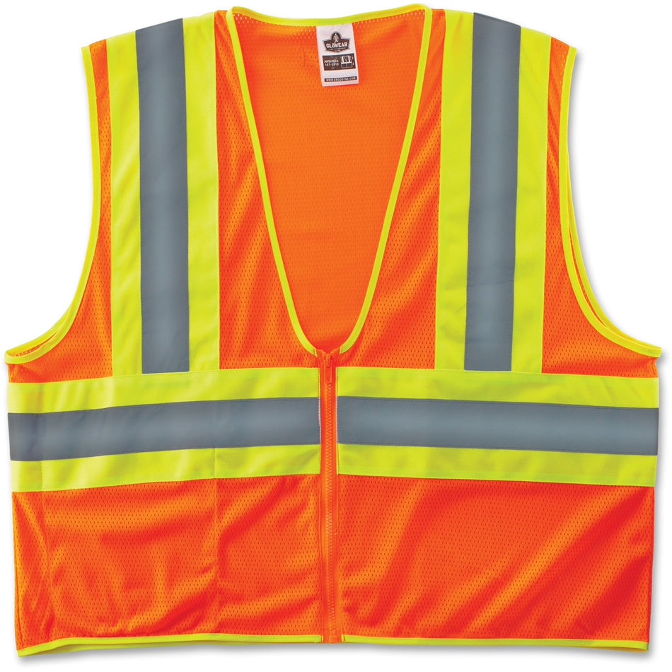 Ergodyne Class 2 Two-tone Orange Vest - Recommended for: Construction - Large/Extra Large - Zipper Closure - Polyester Mesh, Fabric - Orange, Lime, Silver - Reflective, Machine Washable, Lightweight, Zipper Closure, Pocket, High Visibility - 1 Each