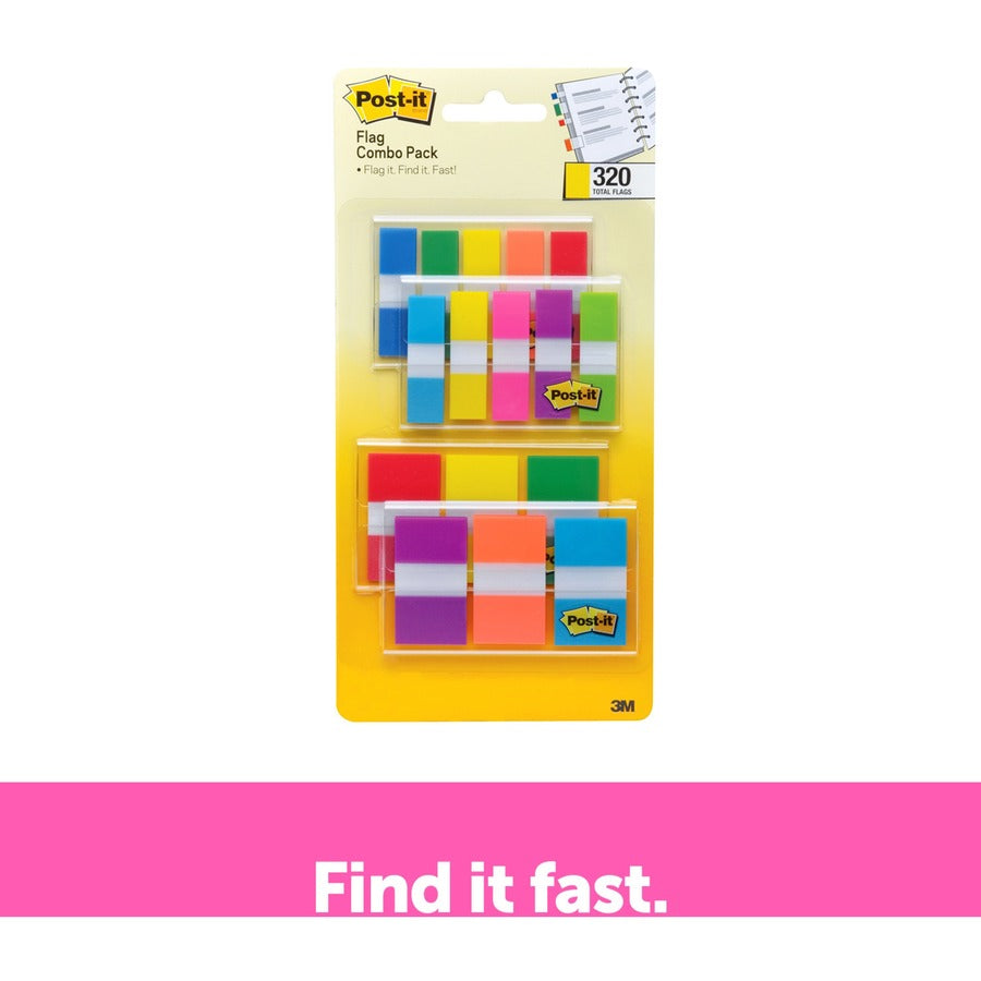 Post-it®  Assorted Flag Combo Pack - 320 x Assorted - 1/2" Flag/Note Width, 1" Flag/Note Width - Blue, Green, Yellow, Orange, Red, Pink, Purple - Self-adhesive, Repositionable - Dispenser Included - 320 / Pack