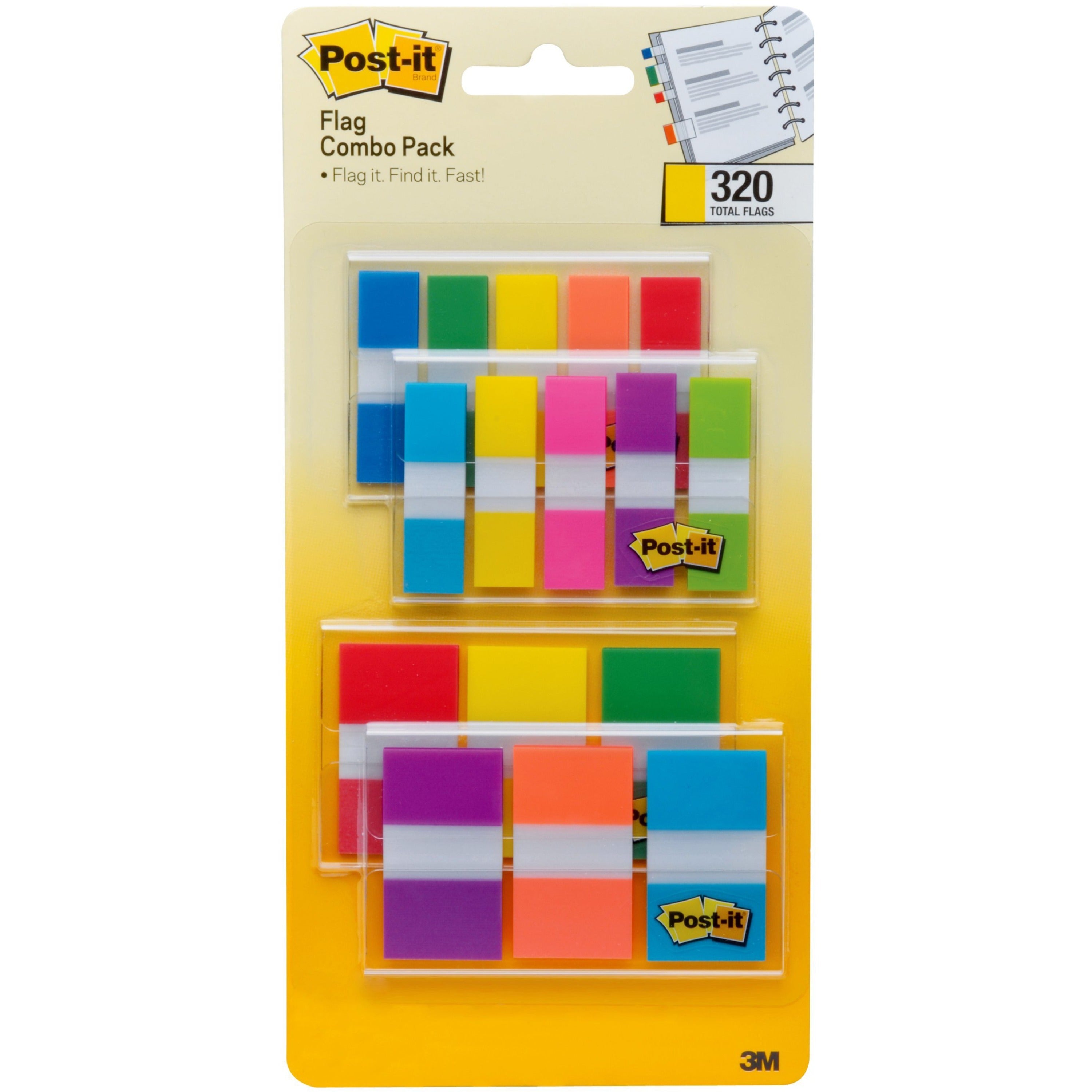 Post-it®  Assorted Flag Combo Pack - 320 x Assorted - 1/2" Flag/Note Width, 1" Flag/Note Width - Blue, Green, Yellow, Orange, Red, Pink, Purple - Self-adhesive, Repositionable - Dispenser Included - 320 / Pack