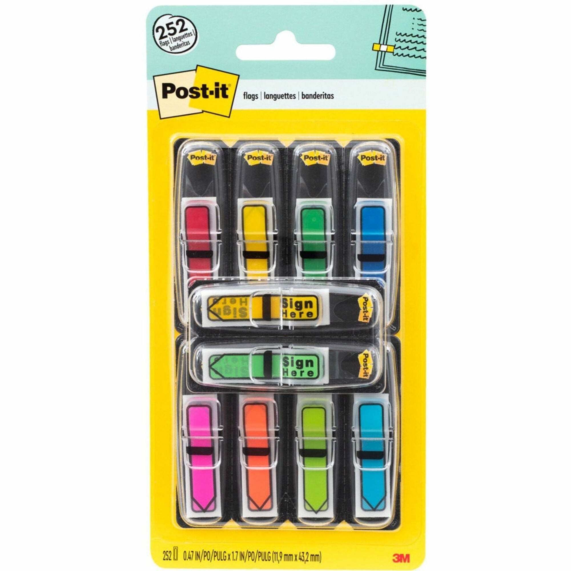 Post-it®  Arrow Flags - 1/2" Flag/Note Width - Arrow - Blank and SIGN HERE - Green, Yellow, Blue, Red, Pink - Removable, Self-adhesive, Repositionable - Dispenser Included - 252 / Pack