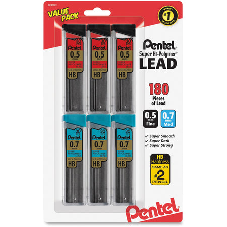 Pentel Super Hi-Polymer Lead Refills Value Pack - 0.5 mm, 0.7 mm - #2 - Black Lead - Break Resistant - 30/Tube - 6 / Pack