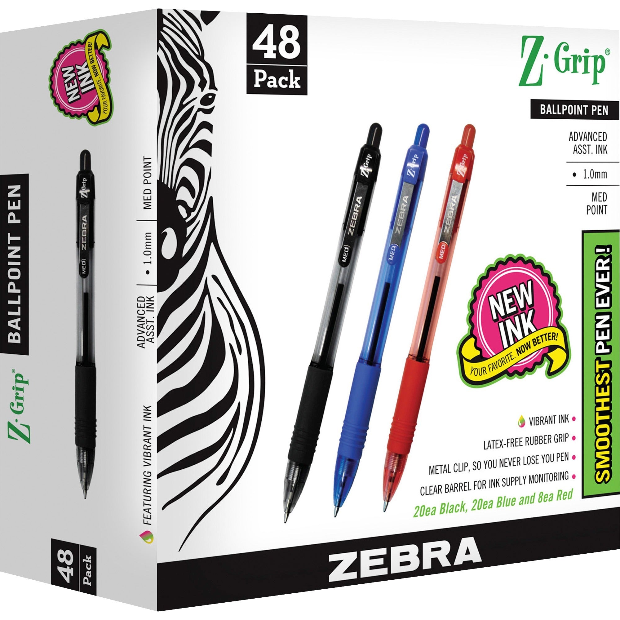 Zebra Pen Z-Grip Retractable Ballpoint Pens - 1 mm Medium Pen Point - Retractable - Assorted Ink - Clear Plastic Barrel - 48 / Pack