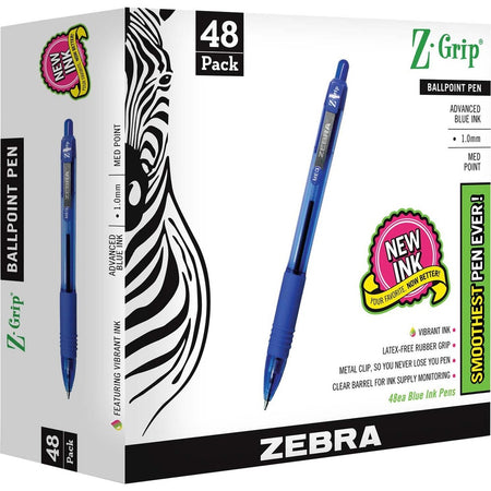 Zebra Z-Grip Retractable Ballpoint Pens - 1 mm Medium Pen Point - Retractable - Blue Ink - Clear Plastic Barrel - 48 / Pack