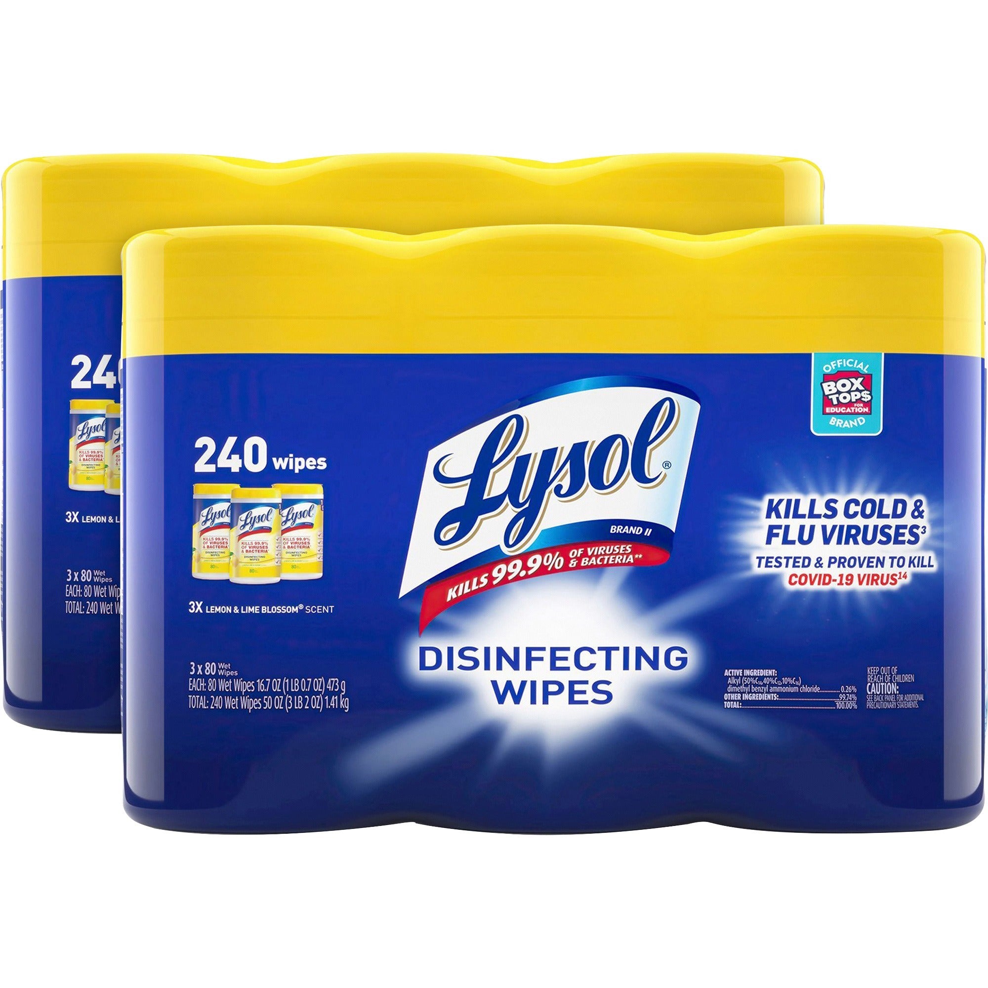 Lysol Lemon/Lime Disinfecting Wipes - For Multi Surface, Multipurpose - Lemon, Lime Blossom Scent - Recommended For: Virus Remover, Bacteria Remover - Pre-moistened, Deodorize, Disinfectant, Anti-bacterial - White - 80/Tub - 6 / Carton