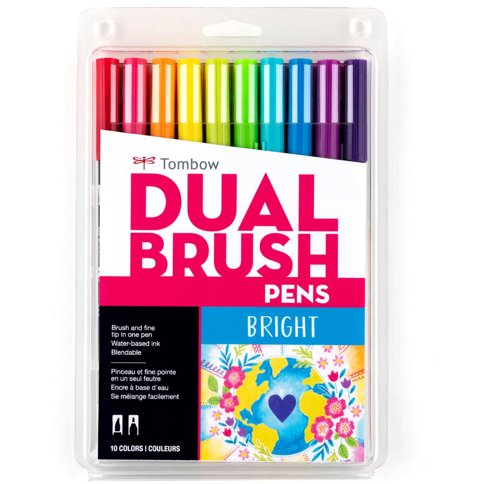 Tombow Dual Brush Pen Set - Hot Pink, Orange, Chartreuse, Willow Green, Purple, Rubine Red, Process Yellow, Reflex Blue, Imperial Purple Ink - Water Based - Nylon Tip - 10 / Pack