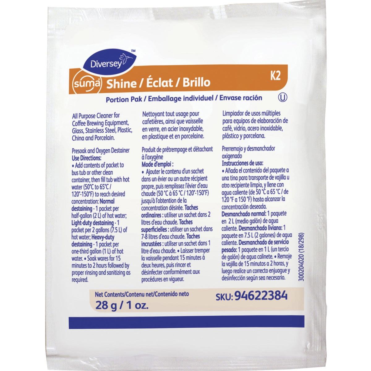 Diversey Suma Shine Portion Pak - For Utensil - 0.99 oz (0.06 lb) - Recommended For: Coffee Remover, Tea Remover, Cocoa Remover, Milk Remover - Fragrance-free - White - 100 / Carton