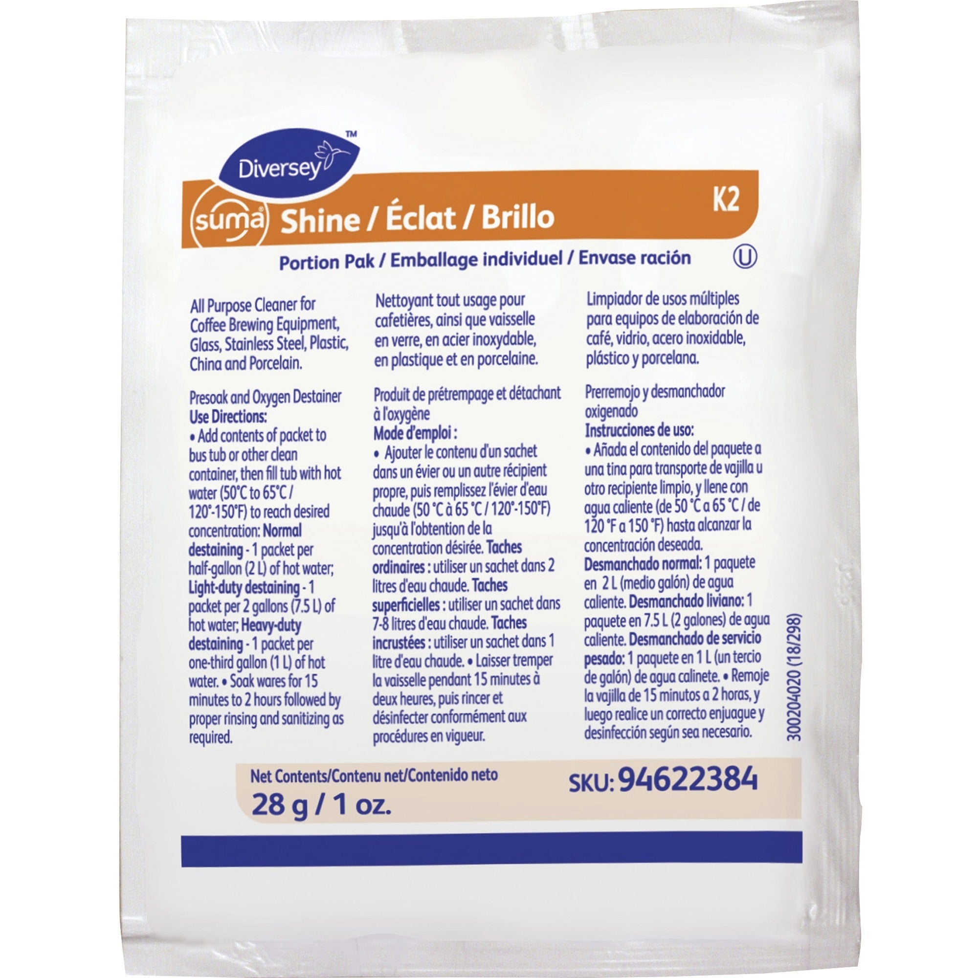 Diversey Suma Shine Portion Pak - For Utensil - 0.99 oz (0.06 lb) - Recommended For: Coffee Remover, Tea Remover, Cocoa Remover, Milk Remover - Fragrance-free - White - 100 / Carton