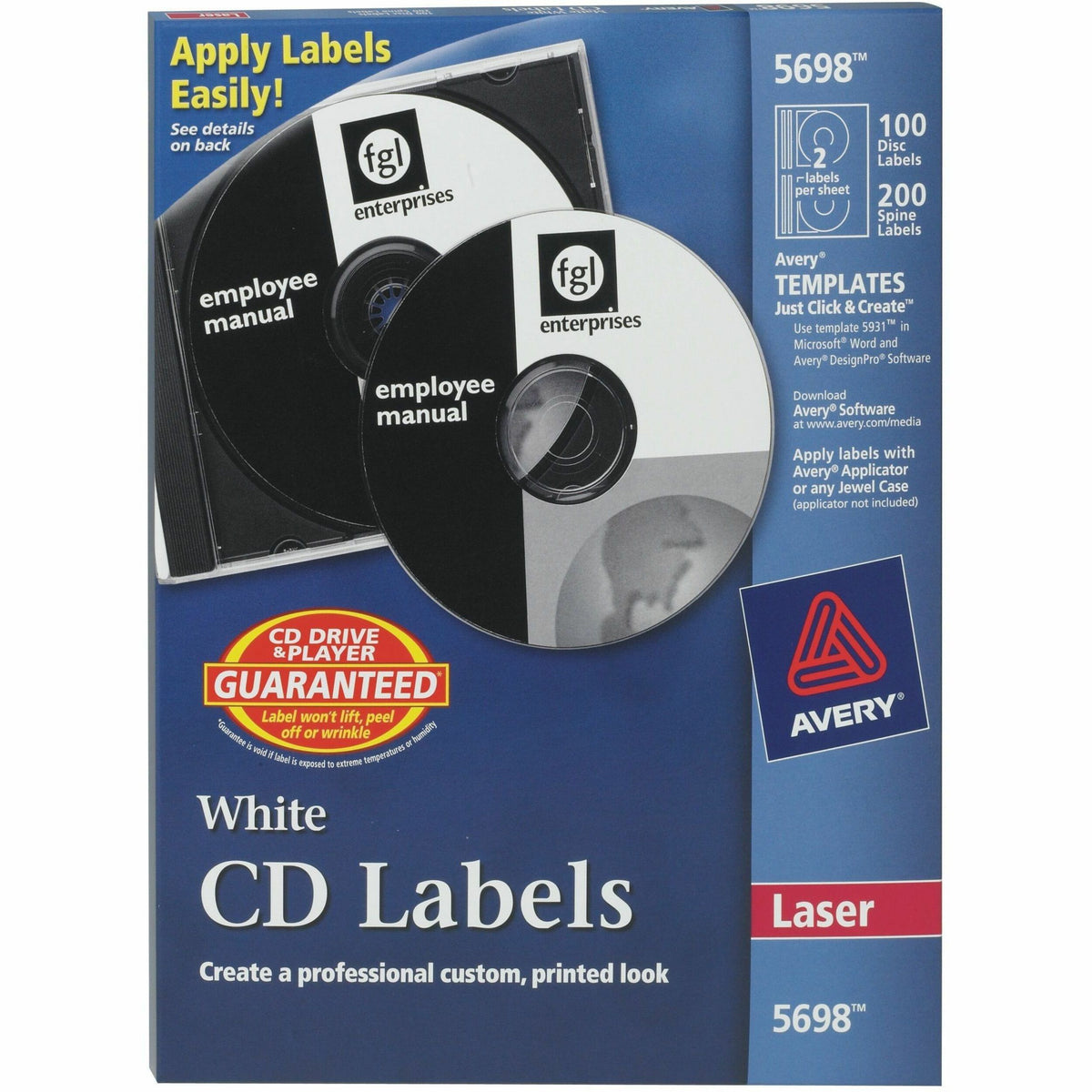 Avery®  Optical Disc Label - - HeightPermanent Adhesive - Laser - Matte - Matte White - Paper - Peel-off, Wrinkle-free, Print-to-the Edge, Smear Resistant, Smudge Resistant - 2 / Sheet - 50 Total Sheets - 100 Total Label(s) - 100 / Pack