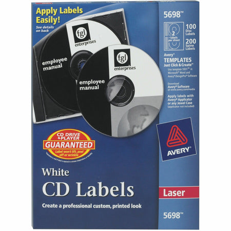 Avery®  Optical Disc Label - - HeightPermanent Adhesive - Laser - Matte - Matte White - Paper - Peel-off, Wrinkle-free, Print-to-the Edge, Smear Resistant, Smudge Resistant - 2 / Sheet - 50 Total Sheets - 100 Total Label(s) - 100 / Pack