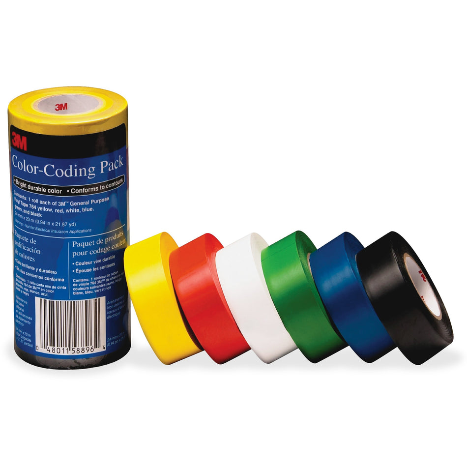 3M Vinyl Tape 764 Color-coding Pack - 21.87 yd Length x 0.94" Width x 5 mil Thickness - Multicolor - Rubber - 4 mil - Polyvinyl Chloride (PVC) Backing - 6 / Pack