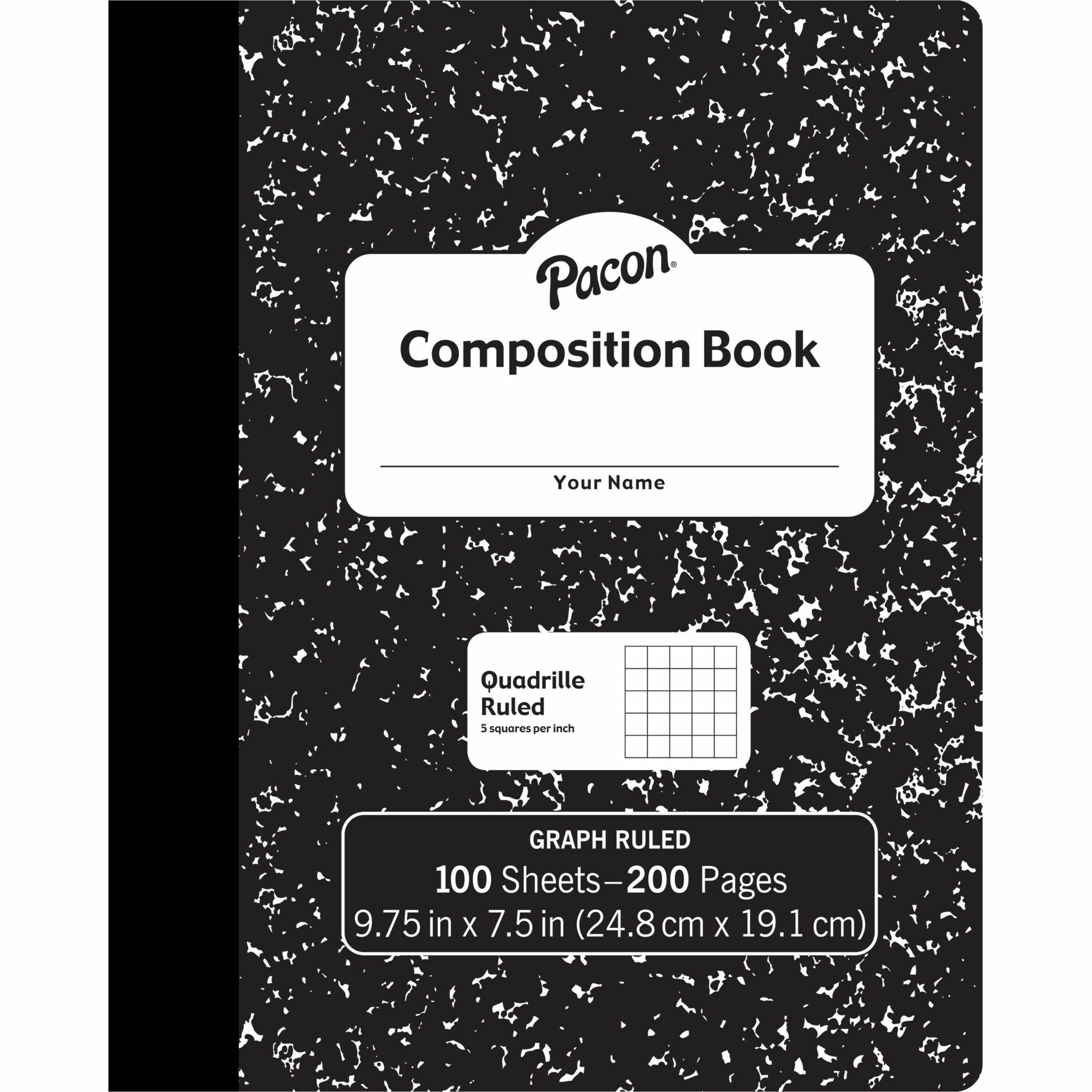 Pacon Composition Book - 100 Sheets - 200 Pages - Quad Ruled Front Ruling - 0.20" Ruled - 9.75" Height x 7.5" Width x 0.1" Length - White Paper - Black Marble Cover - Durable, Hard Cover - 1 Each