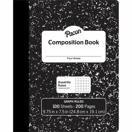 Pacon Composition Book - 100 Sheets - 200 Pages - Quad Ruled Front Ruling - 0.20" Ruled - 9.75" Height x 7.5" Width x 0.1" Length - White Paper - Black Marble Cover - Durable, Hard Cover - 1 Each