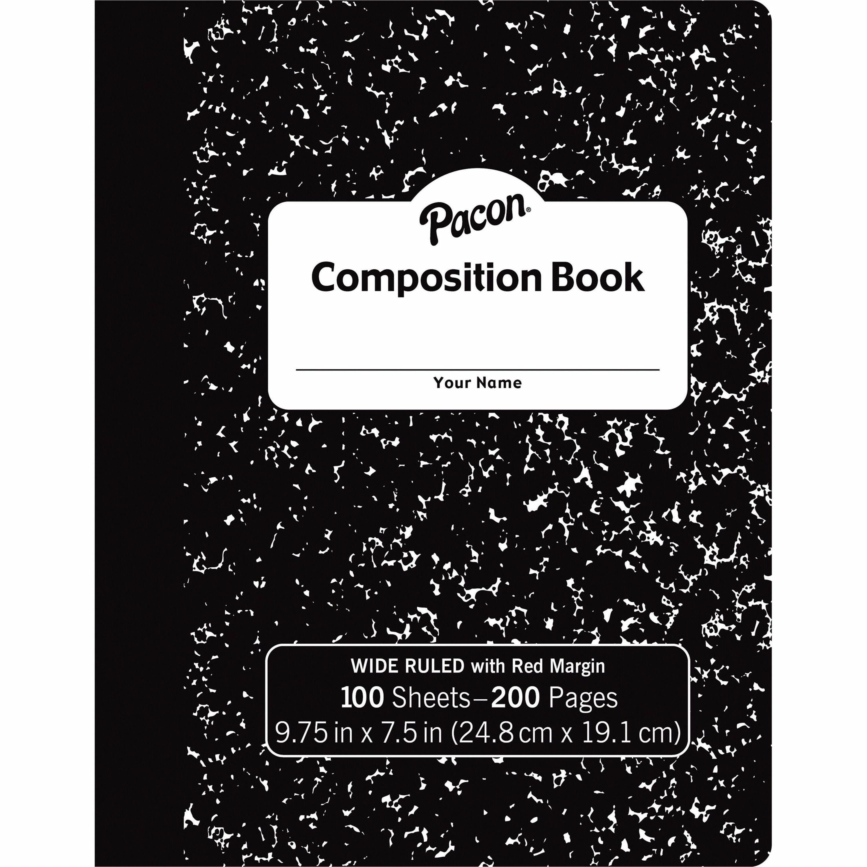Pacon Composition Book - 100 Sheets - 200 Pages - Wide Ruled Front Ruling - 0.37" Ruled - Red Margin - 9.75" Height x 7.5" Width x 0.1" Length - White Paper - Black Marble Cover - Durable, Hard Cover - 1 Each