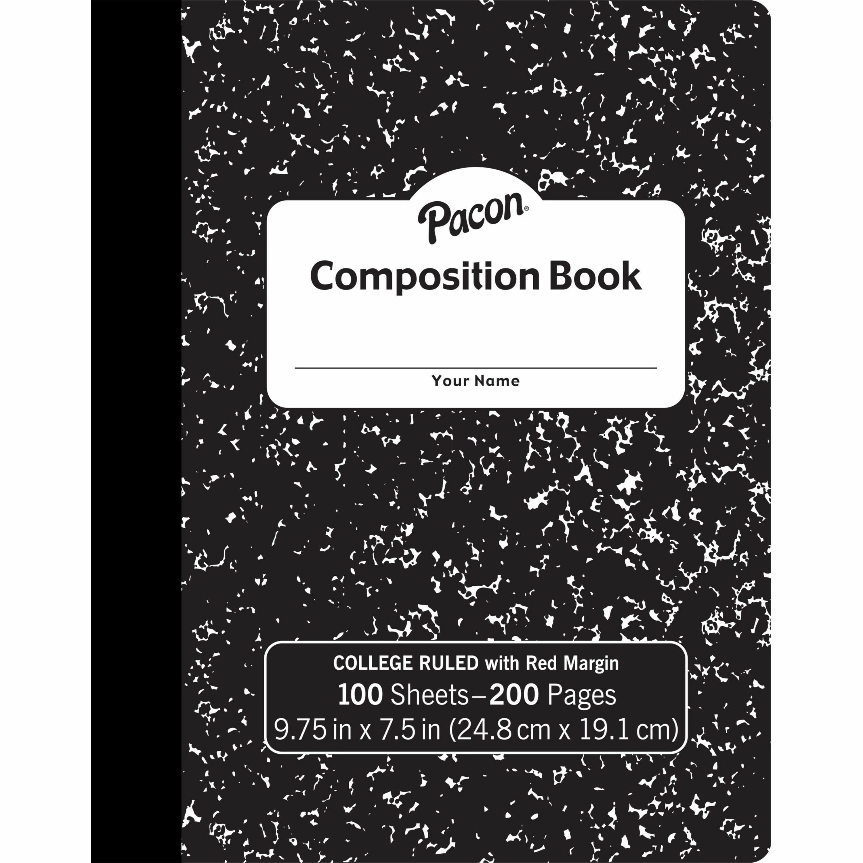 Pacon Composition Book - 100 Sheets - 200 Pages - College Ruled Front Ruling - 0.28" Ruled - 9.75" Height x 7.5" Width x 0.1" Length - White Paper - Black Marble Cover - Durable, Hard Cover - 1 Each