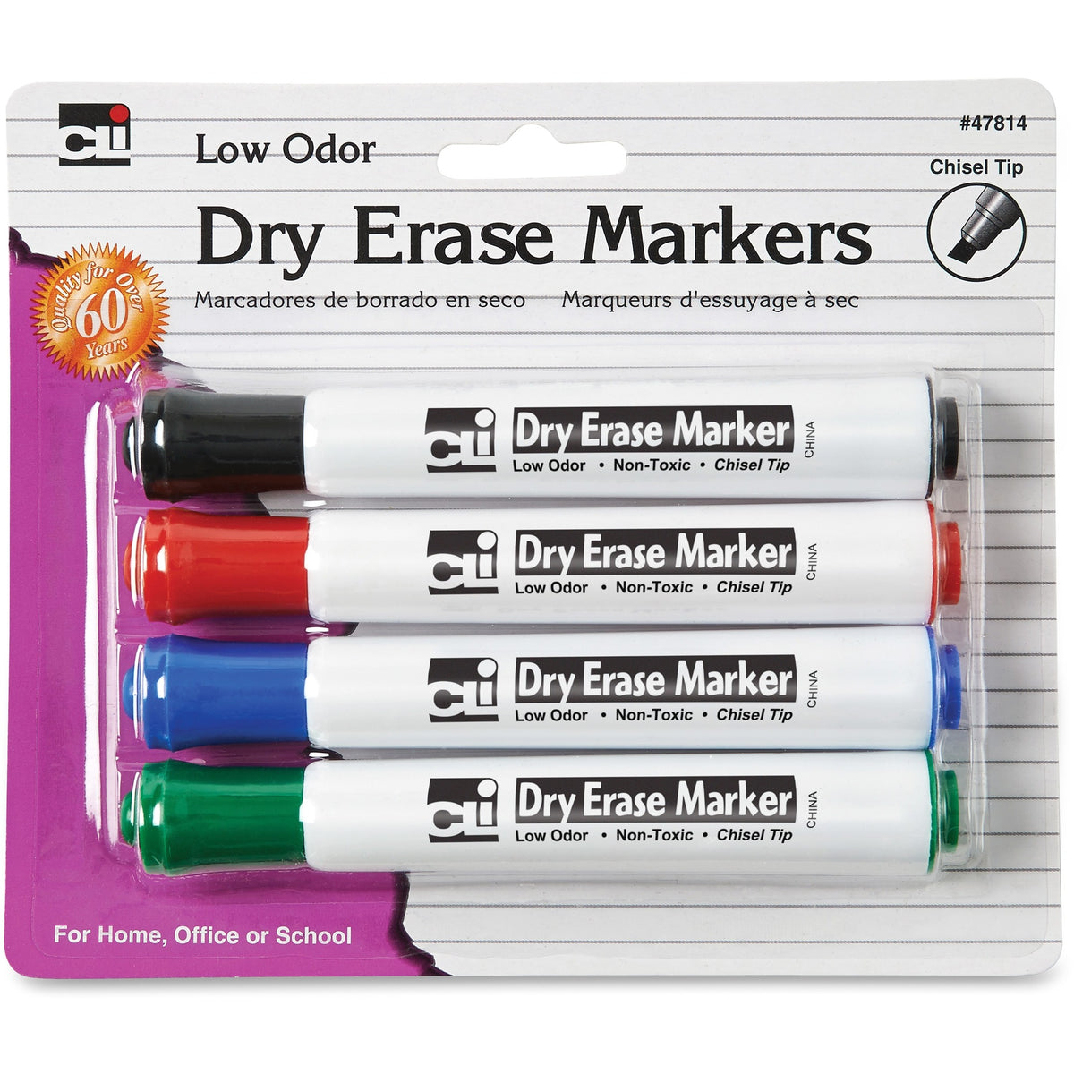 Charles Leonard Chisel Tip Dry Erase Markers - Chisel Marker Point - Black, Blue, Red, Green Ink - 4 / Pack