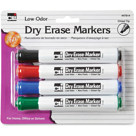 Charles Leonard Chisel Tip Dry Erase Markers - Chisel Marker Point - Black, Blue, Red, Green Ink - 4 / Pack