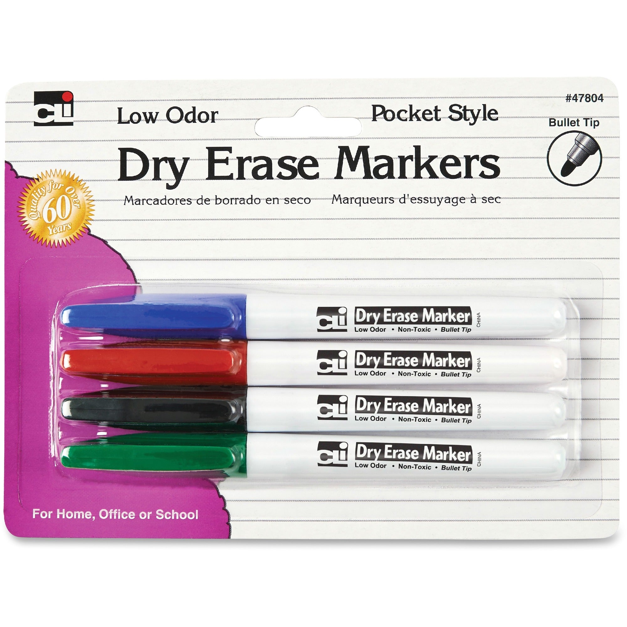 Charles Leonard Low Odor Dry Erase Markers - Fine Bullet Marker Point - Black, Blue, Red, Green Ink - 4 / Pack