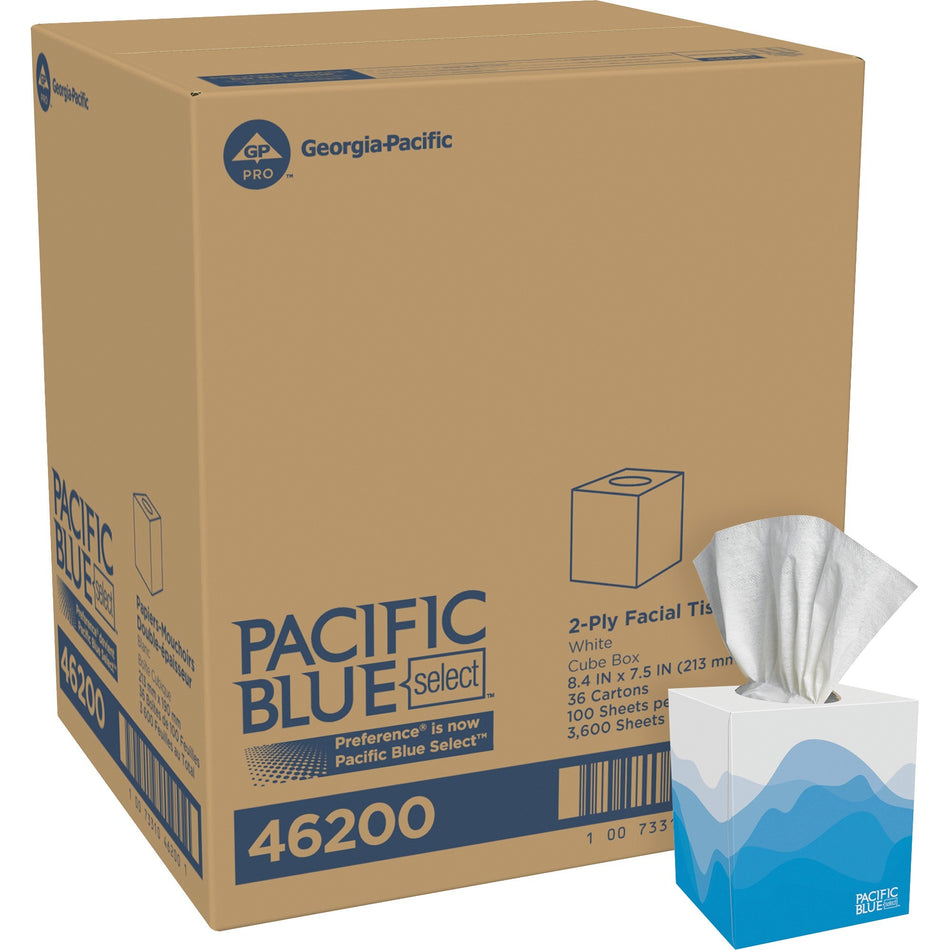 Pacific Blue Select Facial Tissue by GP Pro - Cube Box - 2 Ply - 7.65" Width x 8.85" Length - White - 100/Box - 36 / Carton