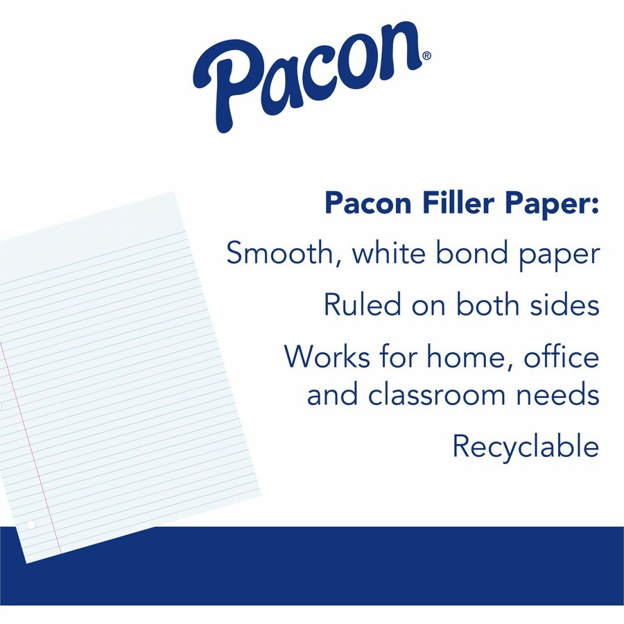 Pacon Wide Ruled Filler Paper - 100 Sheets - Wide Ruled Front Ruling - 0.37" Ruled - Red Margin - 3 Hole(s) - 8" x 10 1/2" Sheet Size - White Paper - Smooth, Punched - 100 / Pack