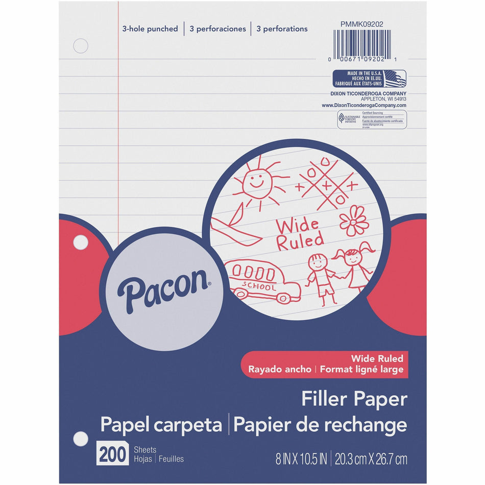 Pacon Wide Ruled Filler Paper - 200 Sheets - Wide Ruled Front Ruling - 0.37" Ruled - Red Margin - 3 Hole(s) - 8" x 10 1/2" Sheet Size - White Paper - Smooth, Punched - 200 / Pack