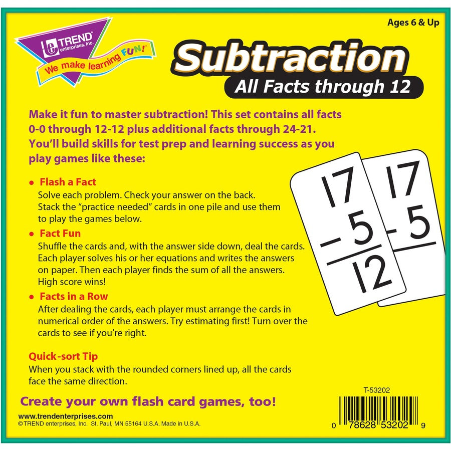Trend Subtraction all facts through 12 Flash Cards - Theme/Subject: Learning - Skill Learning: Subtraction - 169 Pieces - 6+ - 169 / Box