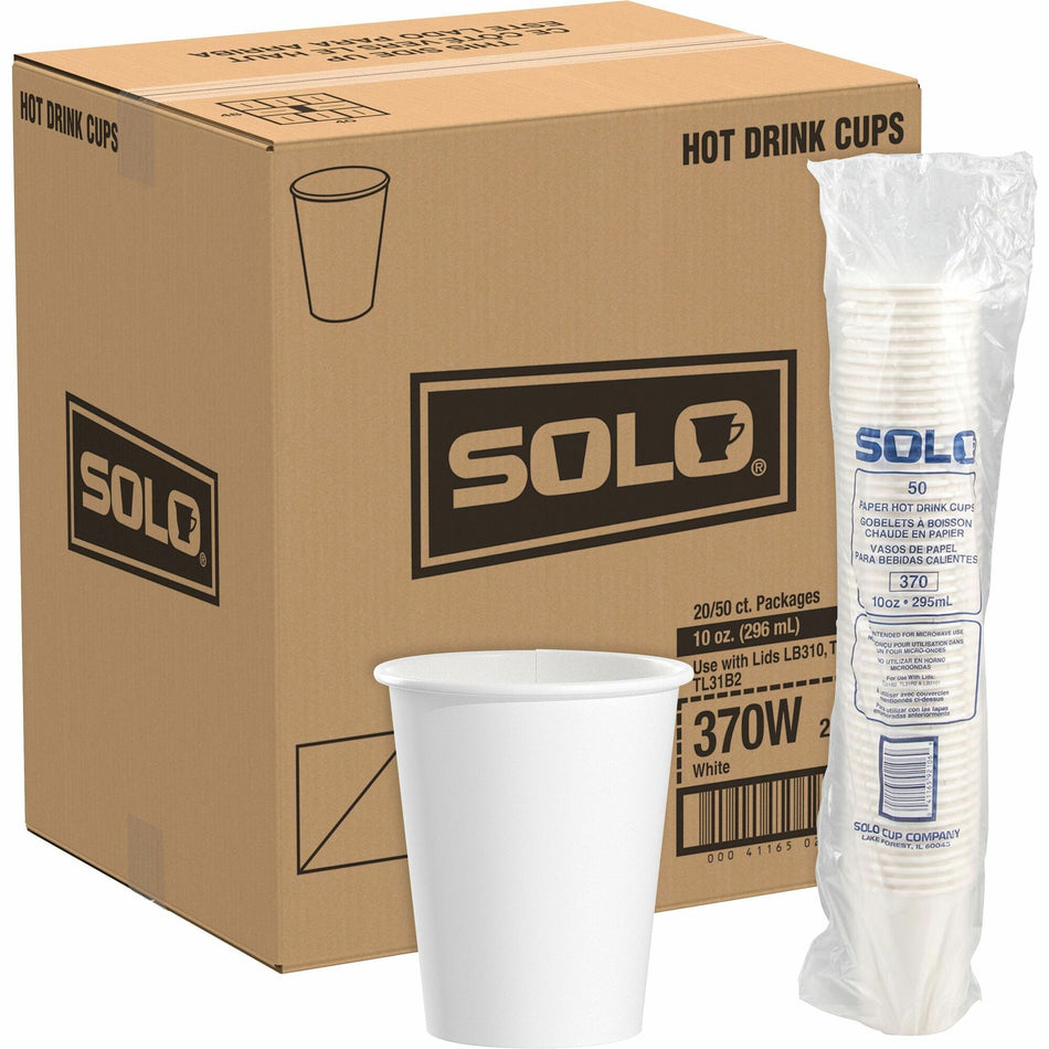 Solo 10 oz Paper Hot Cups - 10 fl oz - White - Paper - Hot Drink, Cold Drink, Beverage - 50/Pack - 20 / Carton
