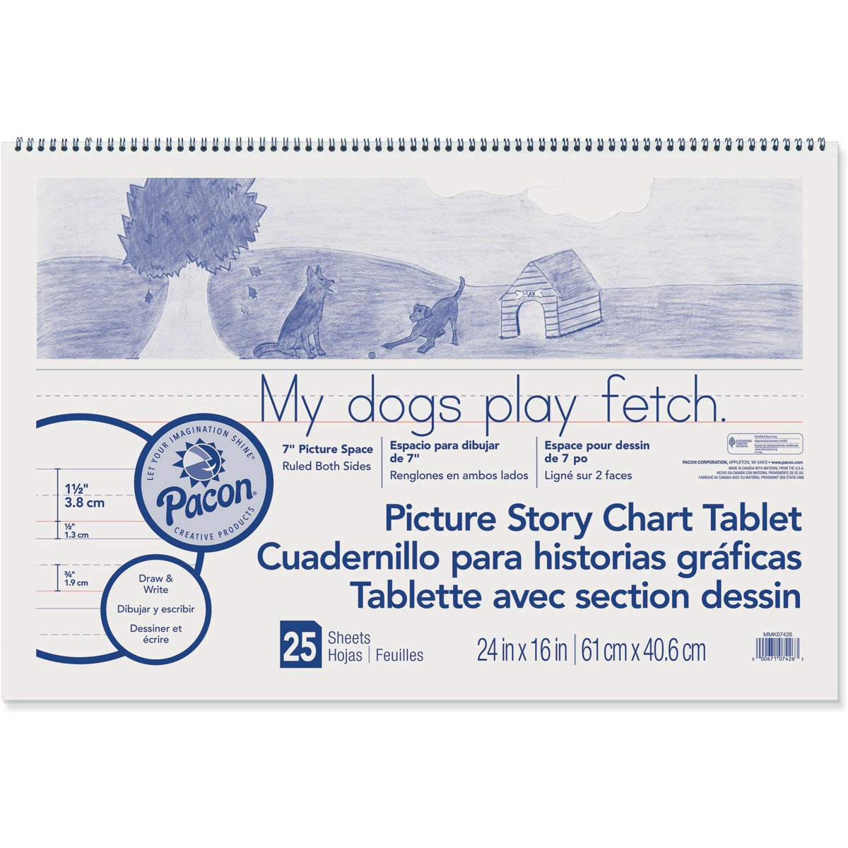 Pacon Ruled Picture Story Chart Tablet - 25 Sheets - Spiral Bound - Both Side Ruling Surface - Ruled Front Ruling - 1.50" Ruled - 7" Picture Story Space - 24" x 16" Sheet Size - White Paper - Punched - Recycled - 1 Each
