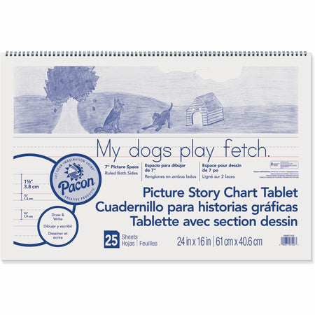 Pacon Ruled Picture Story Chart Tablet - 25 Sheets - Spiral Bound - Both Side Ruling Surface - Ruled Front Ruling - 1.50" Ruled - 7" Picture Story Space - 24" x 16" Sheet Size - White Paper - Punched - Recycled - 1 Each