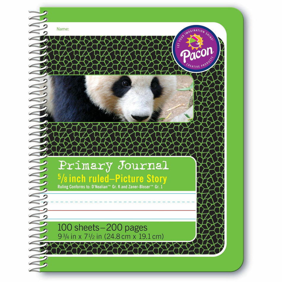 Pacon Composition Book - 100 Sheets - 200 Pages - Spiral Bound - Short Way Ruled Front Ruling - 0.63" Ruled - 4.50" Picture Story Space - 7 1/2" x 9 3/4" Sheet Size - Green Cover - Recycled - 1 Each