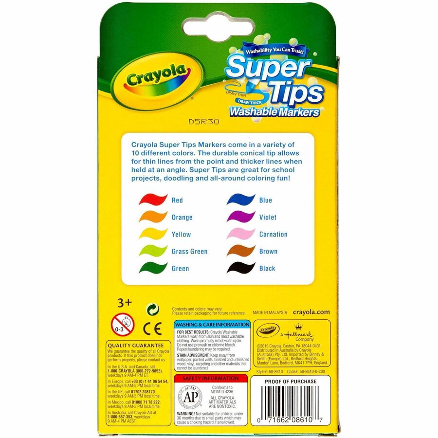 Crayola Super Tips 10-color Washable Markers - Washable - Assorted Ink - 10 / Set
