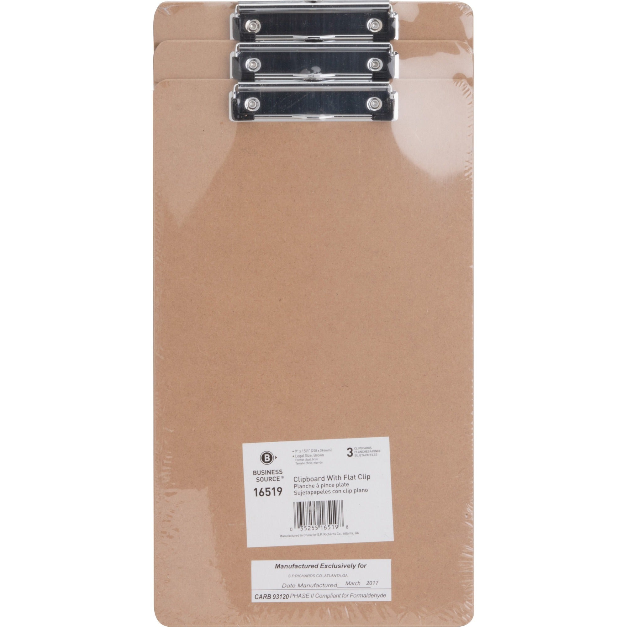 Business Source Legal-size Clipboard - 8 1/2" x 14" Sheet Size - Hardboard - Brown - 3 / Pack