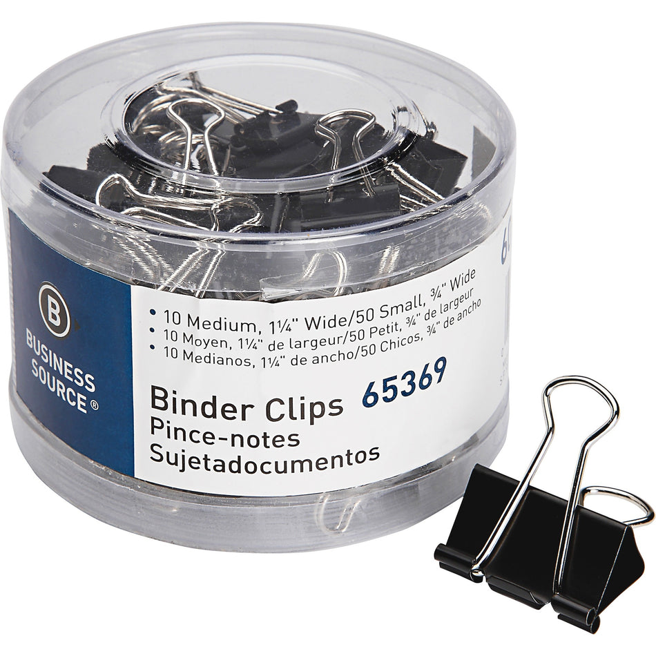 Business Source Small/Medium Binder Clips Set - Small, Medium - for Paper, Project, Document - Black - 60 / Pack