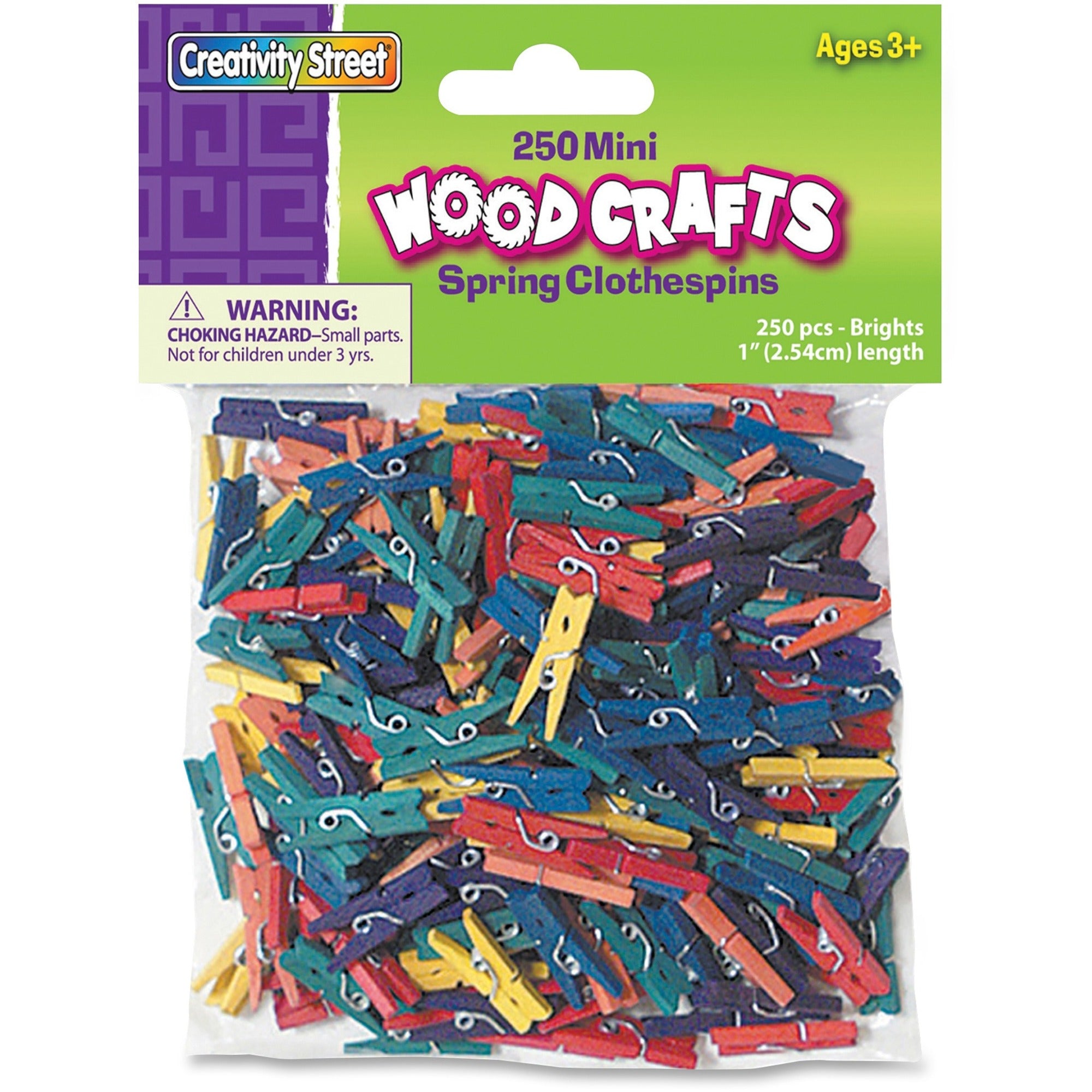 Creativity Street WoodCrafts Bright Mini Clothespins - Mini - 1" Length x 1.5" Width - for Artwork - Assorted - Wood - 250 / Pack