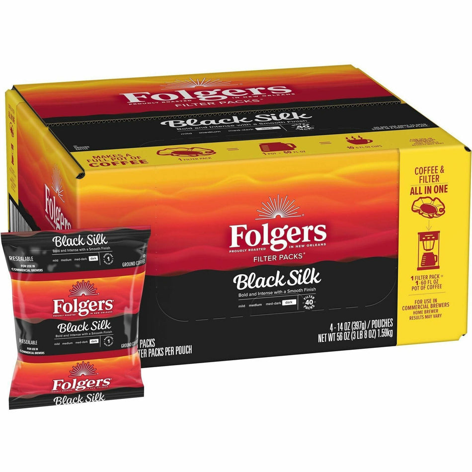 Folgers® Filter Pack Black Silk Coffee - Regular - Dark - 1.4 oz - Filter Pack - Black Silk - 40 / Carton