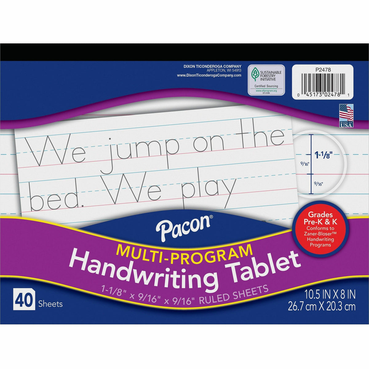 Pacon Multi-Program Handwriting Tablet - 40 Sheets - Both Side Ruling Surface - Ruled Front Ruling - 1.13" Ruled - 10 1/2" x 8" Sheet Size - White Paper - Assorted Cover - Chipboard Backing, Recyclable, Film-wrapped - 1 Each