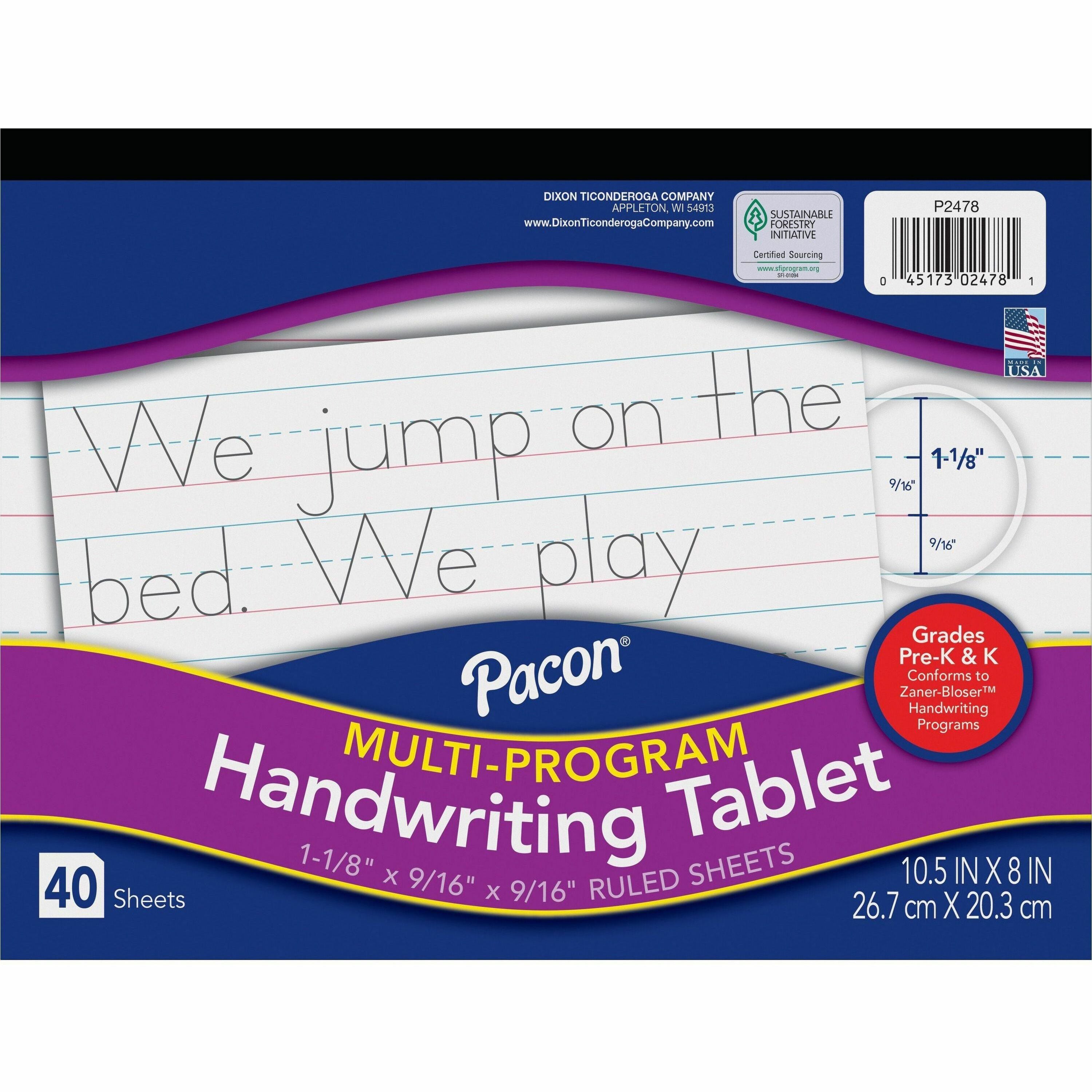 Pacon Multi-Program Handwriting Tablet - 40 Sheets - Both Side Ruling Surface - Ruled Front Ruling - 1.13" Ruled - 10 1/2" x 8" Sheet Size - White Paper - Assorted Cover - Chipboard Backing, Recyclable, Film-wrapped - 1 Each