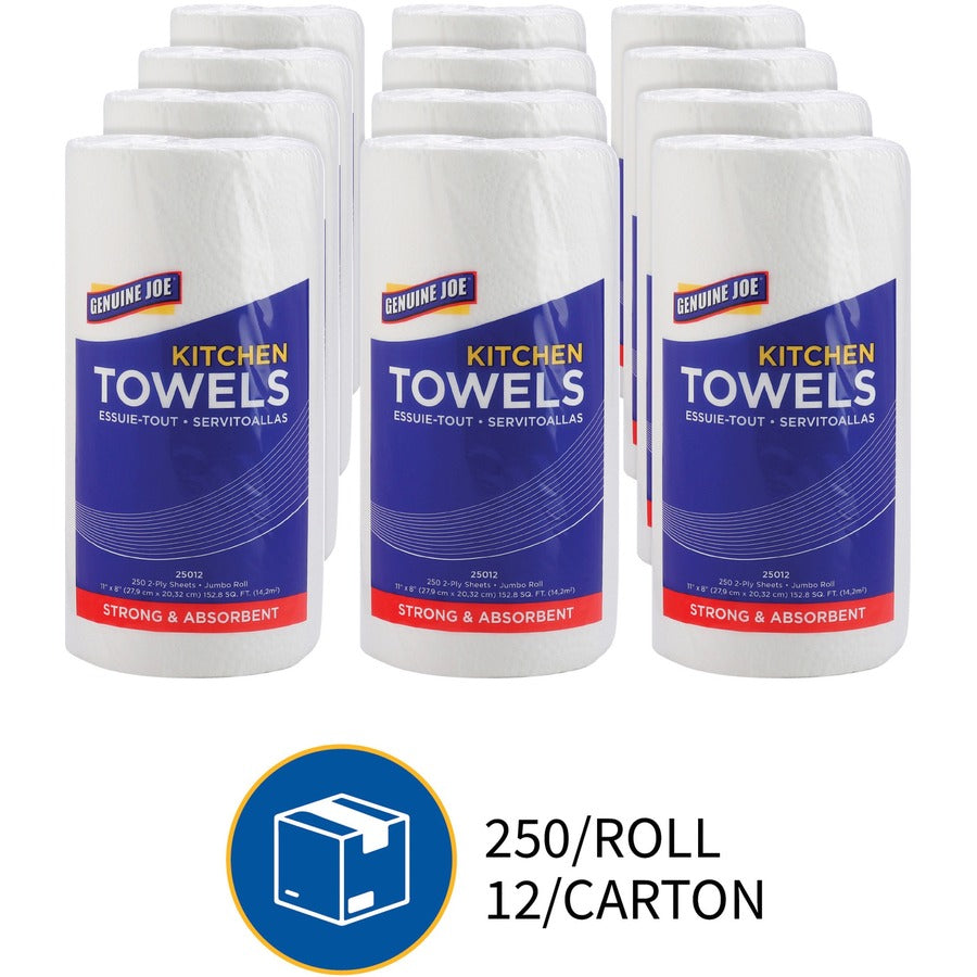 Genuine Joe Paper Towels - 2 Ply - 8" Width x 11" Length - 250 Sheets/Roll - 1.63" Core - White - Paper - 12 / Carton