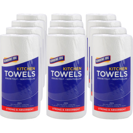 Genuine Joe Paper Towels - 2 Ply - 8" Width x 11" Length - 250 Sheets/Roll - 1.63" Core - White - Paper - 12 / Carton